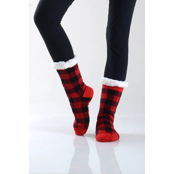 Womens Sherpa Socks PLAID Thick Knit Cozy Fleece Lined Non Skid Slipper Winter